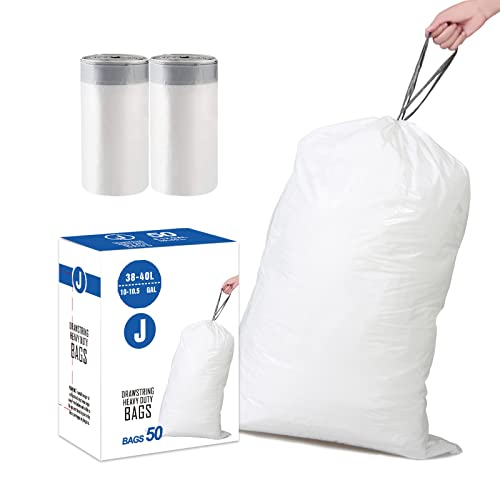 Simplelisa Code J (50 Count) 10-10.5 Gallon Heavy Duty Drawstring Plastic Trash Bags Compatible with simplehuman Code J | 1.2 Mil | White Garbage Can Liners 10-10.5 Gallon/38-40 Liter