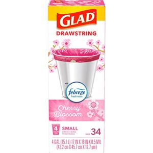 glad odorshield small drawstring trash bags, 4 gallon trash bag, febreze cherry blossom, 34 count (package may vary)