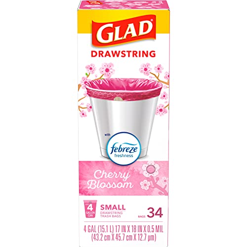 Glad OdorShield Small Drawstring Trash Bags, 4 Gallon Trash Bag, Febreze Cherry Blossom, 34 Count (Package May Vary)