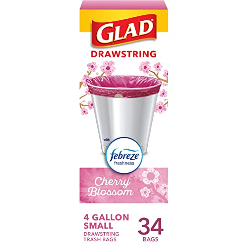 Glad OdorShield Small Drawstring Trash Bags, 4 Gallon Trash Bag, Febreze Cherry Blossom, 34 Count (Package May Vary)