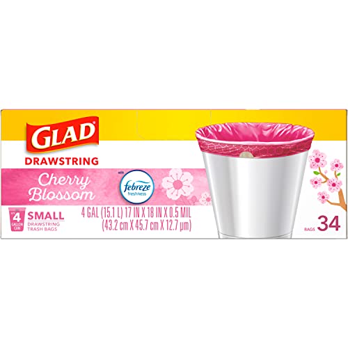 Glad OdorShield Small Drawstring Trash Bags, 4 Gallon Trash Bag, Febreze Cherry Blossom, 34 Count (Package May Vary)