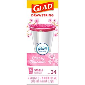 Glad OdorShield Small Drawstring Trash Bags, 4 Gallon Trash Bag, Febreze Cherry Blossom, 34 Count (Package May Vary)