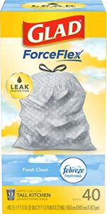 glad forceflex tall kitchen drawstring trash bags, 13 gallon drawstring trash bag for tall kitchen trash can, fresh clean scent to eliminate odors, 40 count