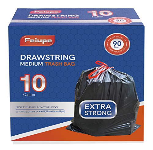 Feiupe 10 Gallon Drawstring Trash Bag Garbage Bag Trash Can Liner,0.9 Mil,90 Count (Black, 10 Gallon)