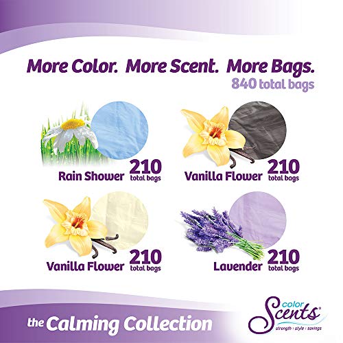 Color Scents Small Trash Bags - 4 Gallon, 840 Total Bags (12 Packs of 70 Count), Twist Tie - Multi-color bags in Calming Collection Scent