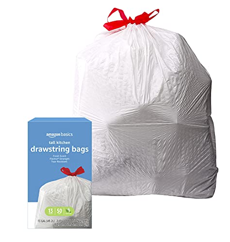 Amazon Basics Flextra Tall Kitchen Drawstring Trash Bags, Fresh Scent, 13 Gallon, 50 Count