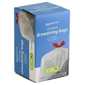 Amazon Basics Flextra Tall Kitchen Drawstring Trash Bags, Fresh Scent, 13 Gallon, 50 Count