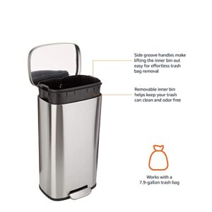 Amazon Basics 30 Liter / 7.9 Gallon Soft-Close, Smudge Resistant Trash Can with Foot Pedal - Brushed Stainless Steel, Satin Nickel Finish