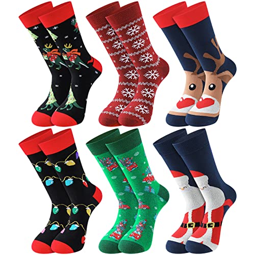 6 Pairs Men's Christmas Socks Novelty Christmas Socks Classic Santa Socks Xmas Holiday Crew Socks for Men Boys