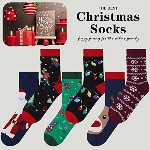 6 Pairs Men's Christmas Socks Novelty Christmas Socks Classic Santa Socks Xmas Holiday Crew Socks for Men Boys