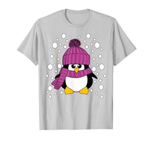 mens christmas penguin with pink hat and scarf stocking stuffer t-shirt