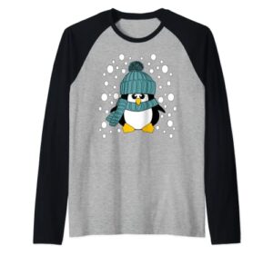 christmas penguin with woolly hat and scarf stocking stuffer raglan baseball tee