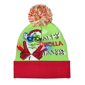 windy city novelties led light-up knitted ugly sweater holiday xmas christmas beanies – 3 flashing modes (happy holla days)