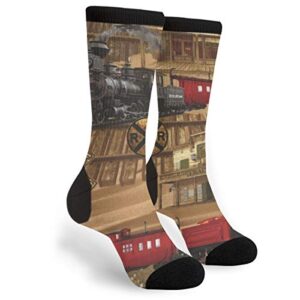 wazhijia steam train fun dress socks funny novelty fashion crew socks retro train station socking, black and white, one size