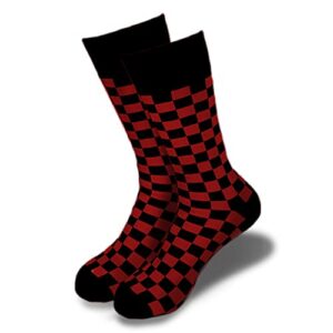men’s novelty checker crew socks sizes 6-12 – stylish quality fit for skateboard, nights out, work, fun every day comfort (black,red)