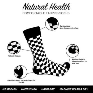 Men's Novelty Checker Crew Socks Sizes 6-12 - Stylish Quality Fit for Skateboard, Nights Out, Work, Fun Every Day Comfort (Black,Red)