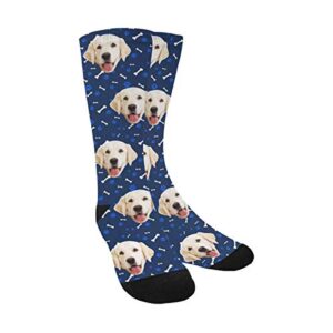 custom print your photo pet face socks, personalized cat and dog tracks paws bones navy blue crew socks with faces for men women