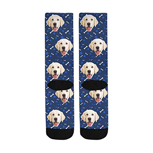 Custom Print Your Photo Pet Face Socks, Personalized Cat and Dog Tracks Paws Bones Navy Blue Crew Socks with Faces for Men Women