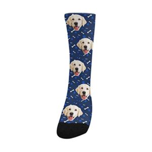 Custom Print Your Photo Pet Face Socks, Personalized Cat and Dog Tracks Paws Bones Navy Blue Crew Socks with Faces for Men Women