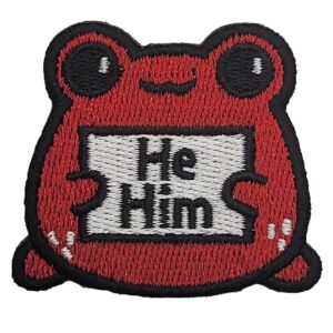 pronoun “statement frogs” embroidered patch- usa made- multiple colors available (red he/him)