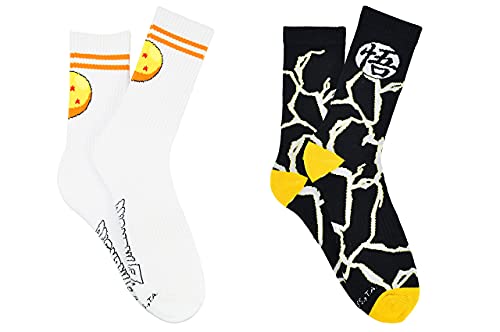 Dragon Ball Z Crew Socks (2 Pair Pack) - Lightening, Goku, 4 Star Dragon Ball - Fits Mens Shoe Size 9-13