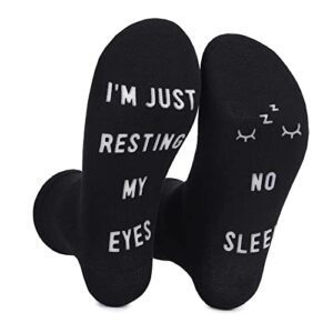 Yurlyson I'm Not Sleeping I'm Just Resting My Eyes Novelty Crew Socks with Glow Birthday Gifts for Men Father Dad Grandpa Son (Luminous-Black-eyes-Long)