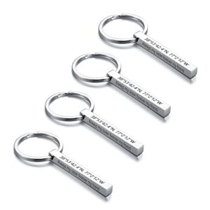 vnox customize stainless steel 3d dainty 4 sided vertical cuboid bar keychain for men women,set for 4