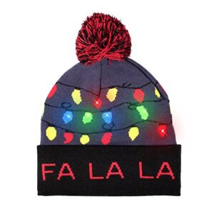 led light-up knitted ugly sweater holiday xmas christmas beanie – 3 flashing modes (fa la la beanie) multicolored