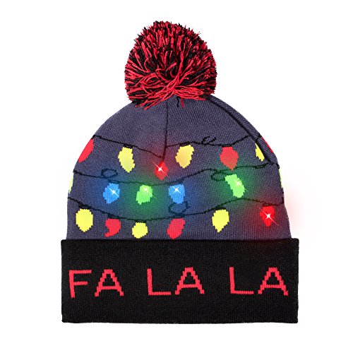 LED Light-up Knitted Ugly Sweater Holiday Xmas Christmas Beanie - 3 Flashing Modes (FA La La Beanie) Multicolored