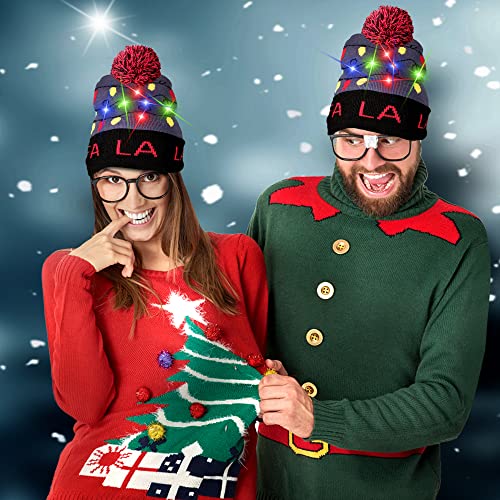 LED Light-up Knitted Ugly Sweater Holiday Xmas Christmas Beanie - 3 Flashing Modes (FA La La Beanie) Multicolored