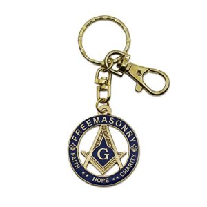 faith hope charity square & compass round masonic key chain – [blue & gold][1 1/2” diameter]