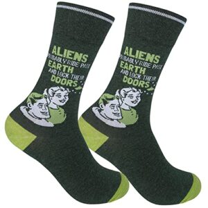 funatic aliens probably ride past earth and lock their doors novelty crew socks men women adult teen | funny ufo gift idea with saying | best unisex party day present for extra-terrestrial believers