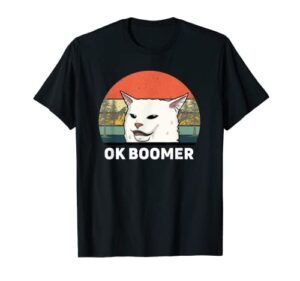 woman yelling at table dinner funny cat ok boomer gift t-shirt