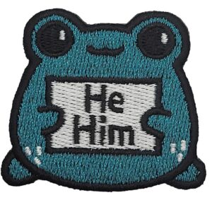 pronoun “statement frogs” embroidered patch- usa made- multiple colors available (turquoise he/him)