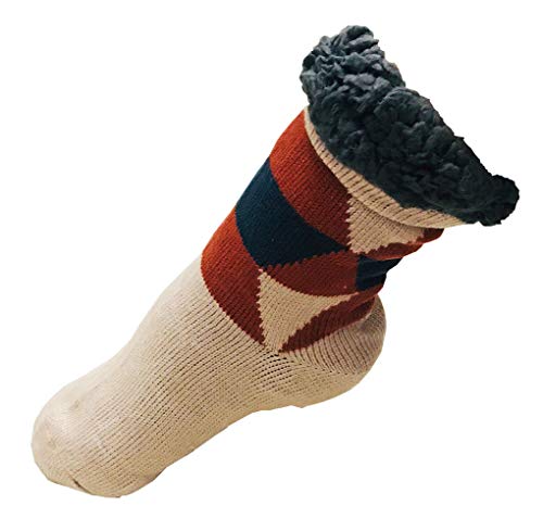 Mens Christmas Snowflakes Argyle Thick Knit Sherpa Fleece Lined Thermal Fuzzy Slipper Socks Size 10-13 (Khaki/Blue Red)
