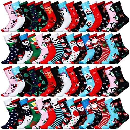 54 Pairs Christmas Socks for Women Men Colorful Soft Fun Holiday Festive Crew Socks Novelty Christmas Gift Bulk, 50 Styles