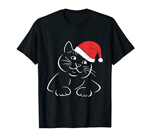 Christmas Cat Santa Hat Cute Kitten Drawing T-Shirt