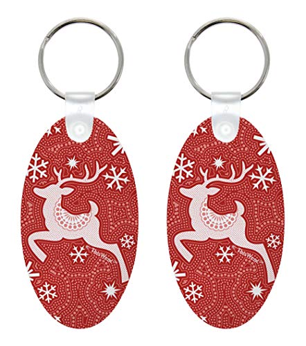 Stocking Stuffer Keychain Winter Holiday Reindeer Theme 2-Pack Aluminum Oval Keychain