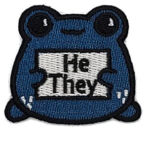 pronoun “statement frogs” embroidered patch- usa made- multiple colors available (turquoise he/they)