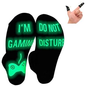 ubrand gaming socks with silver fiber gaming finger sleeves , do not disturb i’m gaming ,gaming socks for teen boys gamer with glowing, novelty socks for men women(black-luminous-short)