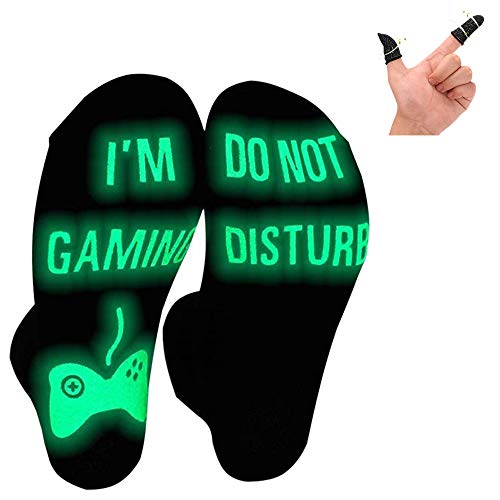 Ubrand Gaming Socks with Silver Fiber Gaming Finger Sleeves , Do Not Disturb I'm Gaming ,Gaming Socks for Teen Boys Gamer with Glowing, Novelty Socks for Men Women(Black-Luminous-Short)