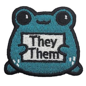 pronoun “statement frogs” embroidered patch- usa made- multiple colors available (turquoise they/them)