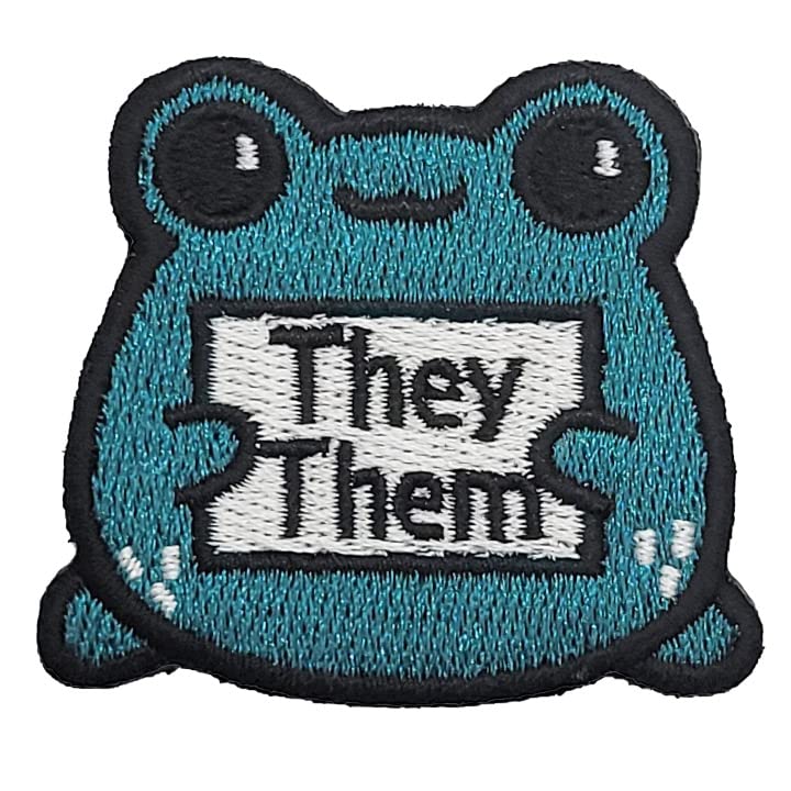 Pronoun "Statement Frogs" Embroidered Patch- USA Made- Multiple Colors Available (Turquoise They/Them)