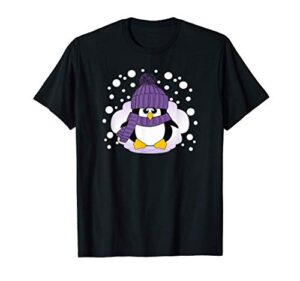 christmas penguin with purple hat and scarf stocking stuffer t-shirt