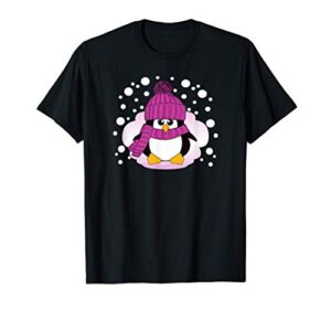 christmas penguin with pink hat and scarf stocking stuffer t-shirt