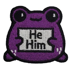 pronoun “statement frogs” embroidered patch- usa made- multiple colors available (purple he/him)