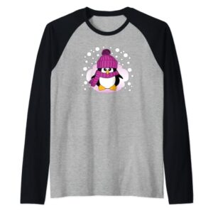 Christmas Penguin with Pink Hat and Scarf Stocking Stuffer Raglan Baseball Tee