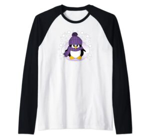 christmas penguin with purple hat and scarf stocking stuffer raglan baseball tee