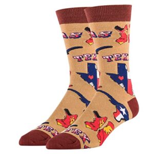 Oooh Yeah Men's Bob Ross Cotton Crew Funny Novelty Socks Christmas Socks (Texas Love), Size 8-13