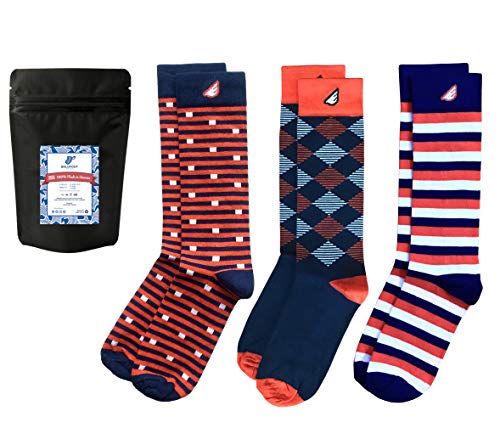 Mens Dress Socks Fun Crazy Colorful Gift Pack Awesome Happy, Made in America (Navy, Orange & White)